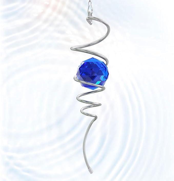 Gazing Ball Spiral Tail Wind Spinner with Sea Blue Crystal Orb, Wind Spinners Stabilizer with Hanging Swivel Hook, Sun Catcher Rainbow Maker Indoor & Outdoor Decoration Garden Gift 13" Height