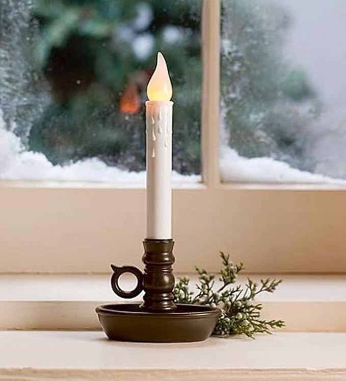 Set of 4 AA Battery Operated Window LED Candle Lamps, Auto Timer, Long Lasting Yellow Flame Bulbs Never Need Replacing, Plastic Construction, Home Accents Holiday Lights, Bronze Base, 9 1/2 H