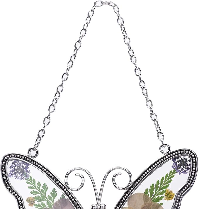 Laraine Butterfly Suncatcher with Pressed Colourful Flower Wings Mom Mother's Day Butterfly Glass Wind Chime Ornament Charm with Metal Heart Gifts for Mom Grandma Birthday (Yellow Mom)
