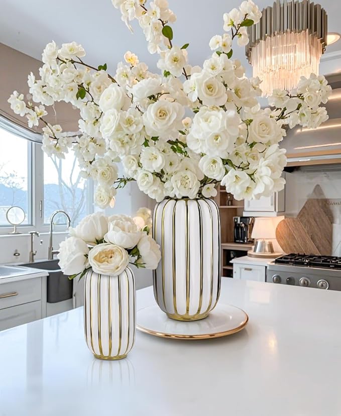 Briful Gold Plated Lantern Ceramic Vase Home Decor Creative Design Porcelain Decorative Flower Vase 11.02'' White Ceramic Vases for Wedding Anniversary Decoration