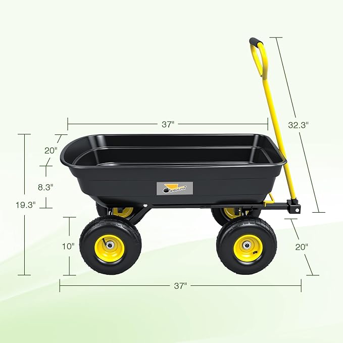 Garden Dump Cart, Heavy-Duty Utility Wagon with 600 lb Capacity, 4 Cu Ft Bed, 10" Pneumatic Tires, 180° Pivot Steering for Yard, Lawn, and Beach Use