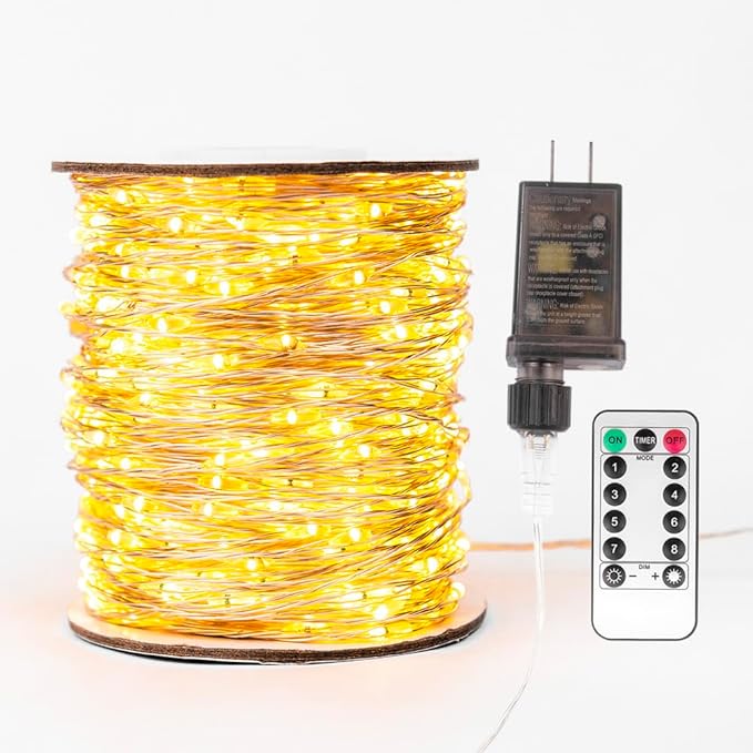 Fairy Lights Plug in,100FT 600 LEDs Waterproof String Lights,Twinkle Light with Remote for Outdoor Indoor Christmas Wedding Birthday Garden Party Decorations,2 Inch Space,Warm White