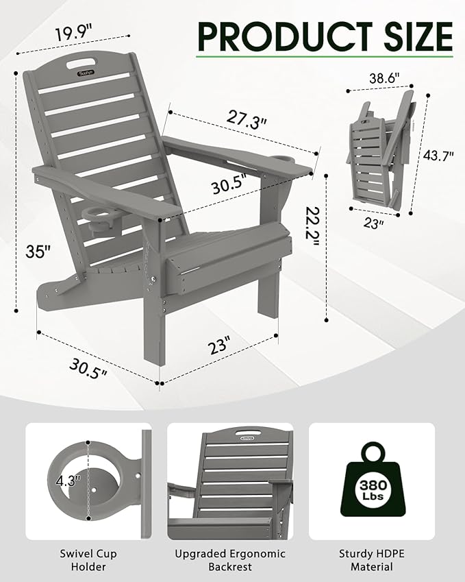 Adirondack Chairs Set of 2, Outdoor Fire Pit Chairs, HDPE All-Weather Adirondack Chairs with Cup Holder, Lawn Chair for Deck, Patio, Garden (Grey)