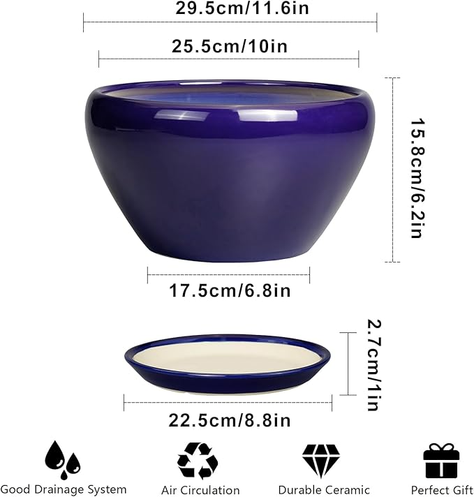 Ceramic Planter Pot 11 Inch - Indoor Planter Pot for Plants with Drainage Hole and Saucer Large Planter Round Outdoor Flower Pot Mid-Century for House Patio Decor Blue