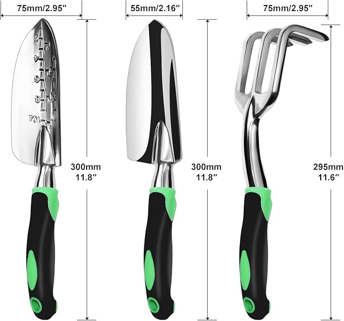 Garden Tool Set, 3 Pack Aluminum Heavy Duty Gardening Kit Includes Hand Trowel, Transplant Trowel and Cultivator Hand Rake with Soft Rubberized Non-Slip Ergonomic Handle, Garden Gifts