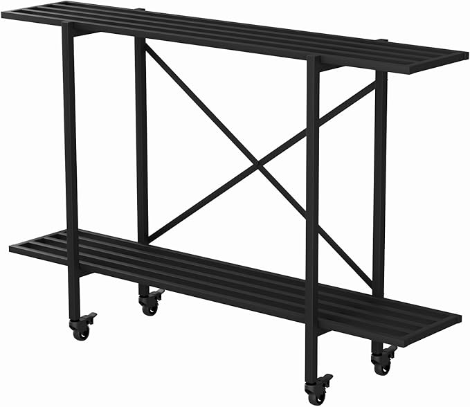 Zhongma 2 Tier Metal Sturdy Narrow Plant Stand with Wheels, Plant Stand Indoor and Outdoor, L45.67 x W10.3 x H29.9 inch, 440 LBS Capacity & Heavy Duty Construction.