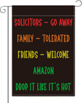 Funny Welcome Sarcastic Garden Flag Outdoor Decorations Go Away Family Tolerated Friends Small Double Sided Burlap art Stained Glass Style Garden Flags 12 x 18 Inch for Outside