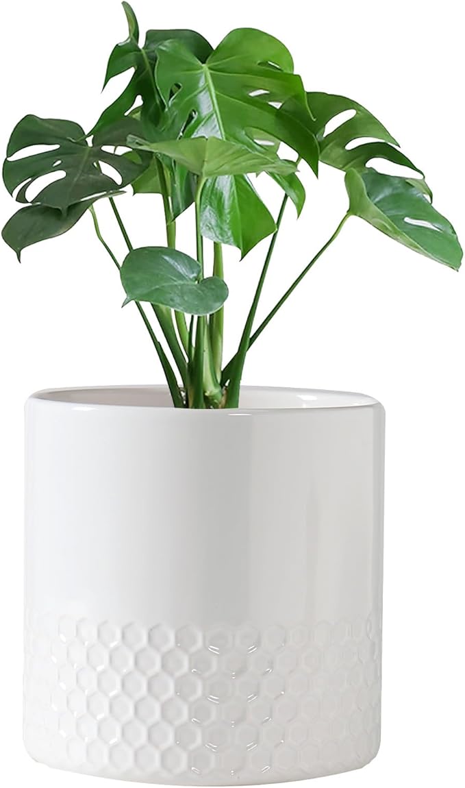 Docrin Ceramic Planters Indoor, 8 Inch Plant Pots with Drainage Holes for Home/Office - White Honeycomb