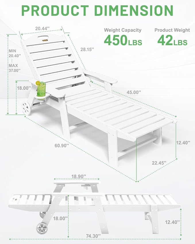 Lounge Chair Outdoor Set of 4 with Wheels, Adjustable 6-Position Chaise Lounge Outdoor, Patio Lounge Chair for Poolside Backyard, White