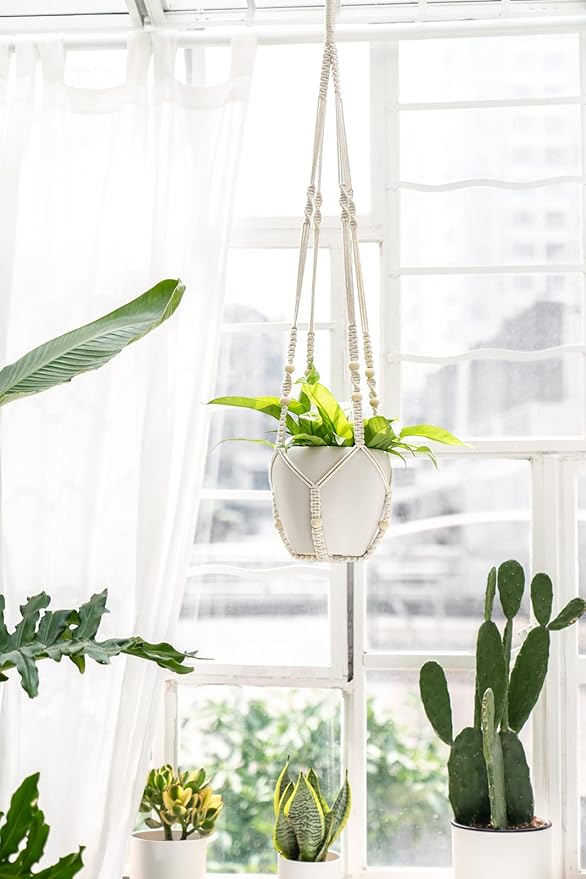 Mkono 43 Inch Macrame Plant Hanger Large for up to 12 Inch Pot Extra Long Hanging Plant Holder No Tassels Hanging Planter Basket with Wood Beads for Indoor Outdoor Boho Home Decor, Ivory, Set of 2