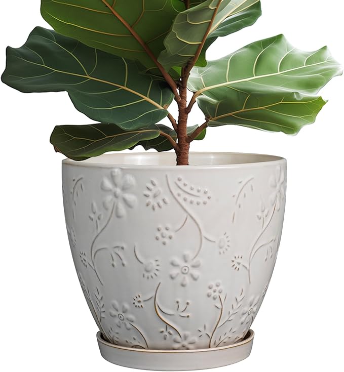 10 Inch Plant Pot Ceramic Planter Pot with Drainage Hole and Saucer Round Planter Large Flower Pot for Indoor Outdoor Plants Home Garden Decor White