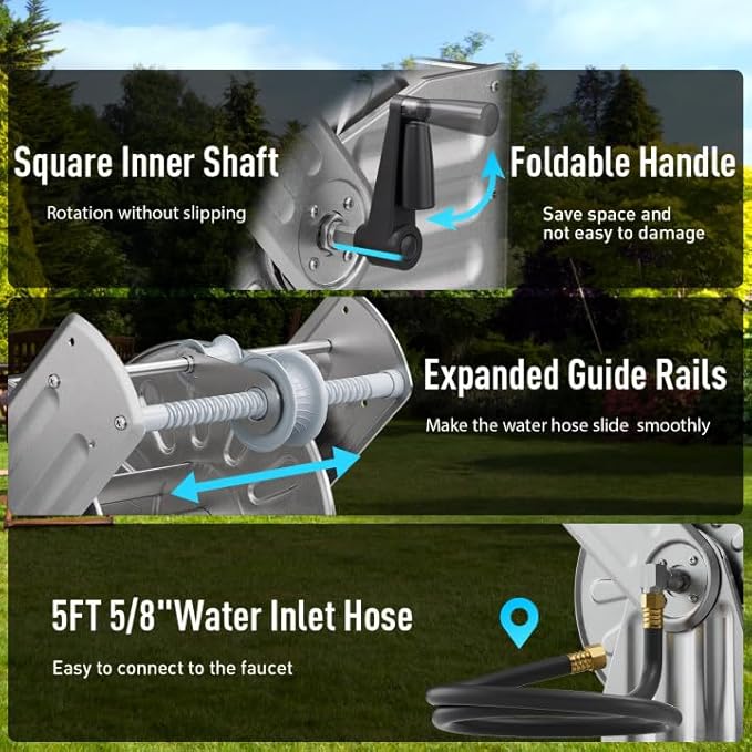 GREENER Stainless Steel Hose Reel for Outside,Wall Mount Garden Hose Holder Heavy Duty Metal Reel, 3/4" Solid Connector with 5/8" Inlet Hose and Crank,100-Feet 5/8" Hose Capacity