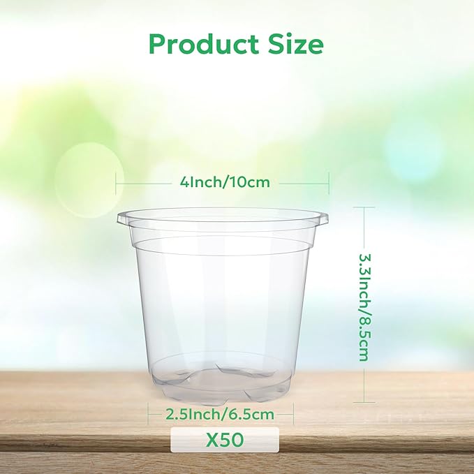 50 Packs 4 Inch Reinforced Clear Nursery Pots with Drainage Hole, Transparent Variety Pack Plastic Plant Pot Seedling Planter Seed Starter Flower