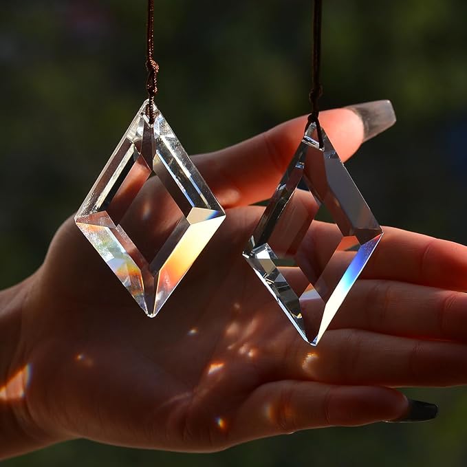 2PCS Clear Rhombus Crystal Sun Catcher Prisms, STINO Hanging Suncatchers with Glass Prism, Rainbow Maker for Windows, Balcony, Kitchen, Garden Decoration (1, Rhombus Clear 2Pcs)