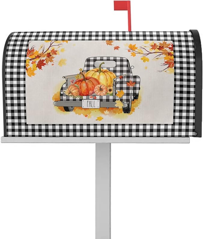Magnetic Mailbox Cover Oversized 21"x25.5" Fall Black and White Buffalo Plaid Truck with Pumpkins Post Box Cover Mailbox Wraps Post Letter Box Cover for Holiday Garden Yard Outdoor Decor