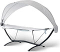 Island Retreat Sea Breeze Steel Frame Hammock Lounge Chair with Canopy - Luxury Shaded Hammock with Stand for Outside - Boho Style Beach Chair with Adjustable & Removeable Canopy - Black & Champagne