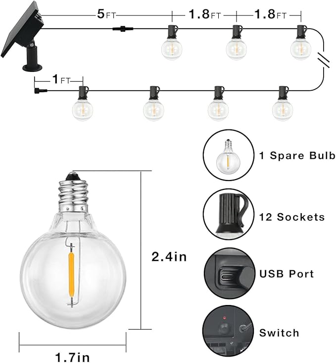 DAYBETTER 25FT Solar String Lights for Outside Waterproof with Remote,12 LED Shatterproof Bulbs Dimmable&Timer, Solar Patio Lights 3 Installation(Clips/Stakes/Nails) for Outdoor Porch Garden Market
