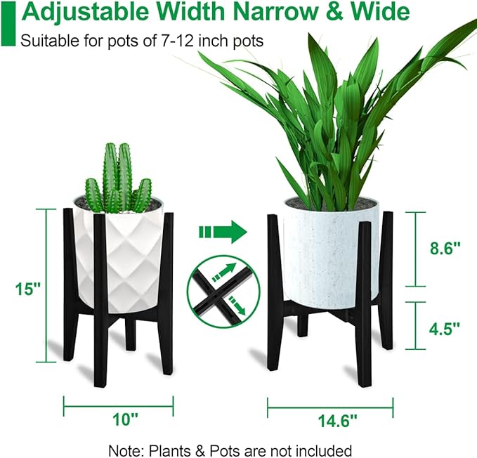 OERGKE Adjustable Plant Stand Indoor, Bamboo Mid Century Modern Plants Stands, Corner Flower Holder for Living Room, Fits 8 to 12 Inches Pots, (Pot & Plant Not Included)(Black, 1 Pack)