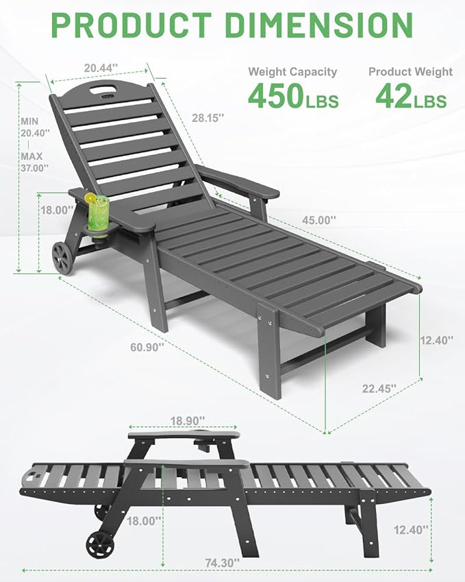 Lounge Chair Outdoor Set of 4 with Wheels, Adjustable 6-Position Chaise Lounge Outdoor, Patio Lounge Chair for Poolside Backyard, Grey