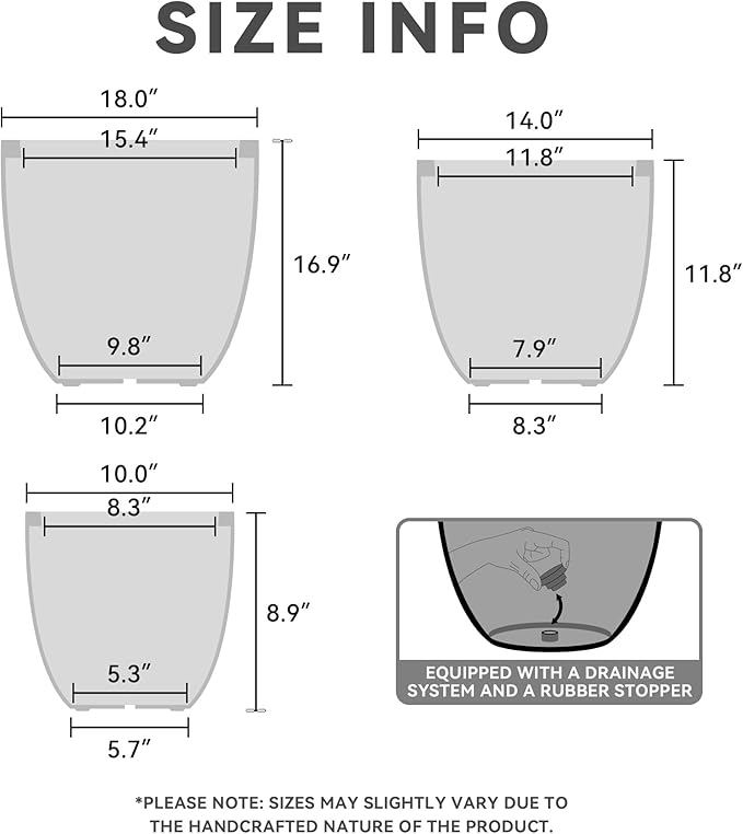 Kante 18",14",10" Dia Concrete Round Planters (Set of 3), Outdoor Indoor Large Planter Pots with Drainage Hole and Rubber Plug for Home Patio Garden, Charcoal
