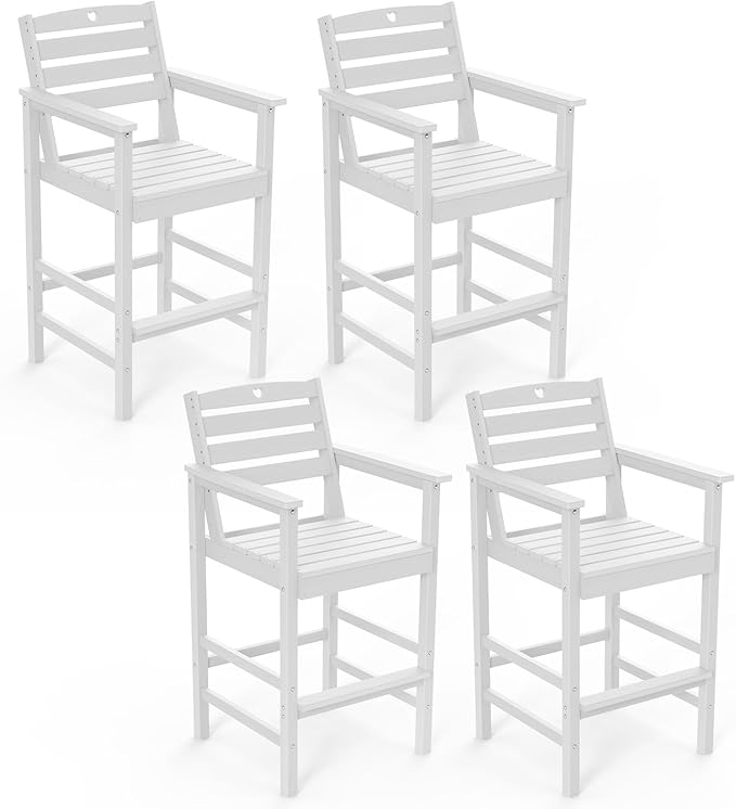 Tall Adirondack Chairs Set of 4, HDPE Wood Balcony Adirondack Chairs Set with Heart Cutout Design, Weather-Resistant Bar Height Furniture for Deck, Porch, Pool (White)