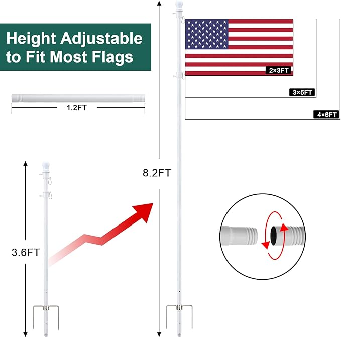 Barcetine 4-Pack Ground Flag Pole Kit - 8.5 FT Tangle Free with Anti-Tip Stand Prong -1 inch Heavy Duty Portable Inground Flag Holder for Yard Garden Outdoor, Bonus 3x5 US Flag,White