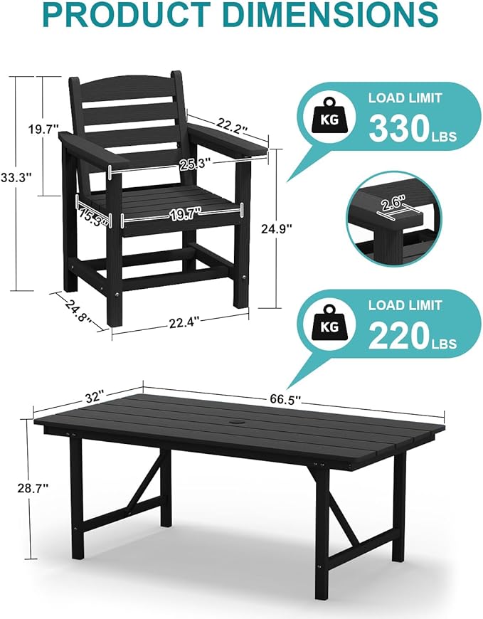 Patio Dining Set for 6 with Umbrella Hole - 66" Outdoor Table & 6 Chairs, All-Weather HDPE Outdoor Furniture for Lawn, Garden, Backyard, Poolside, Black