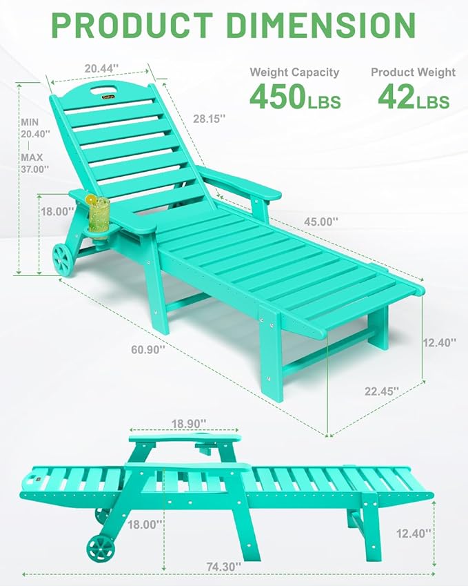 Lounge Chair Outdoor, Chaise Lounge, HDPE 6-Position Outdoor Chaise Lounge, Patio Lounge Chair with Wheels & Cup Holder for Pool Poolside Deck Backyard, Lake Blue