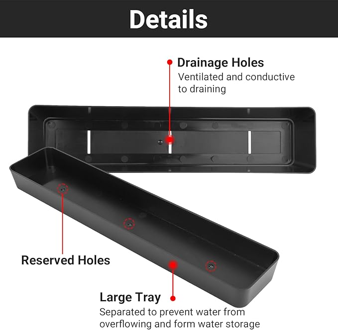 GREANER Herb Window Boxes 1PCS 16x3.8 Inch, Black Planter with Removable Trays and Drainage Holes, Succulent Flower Rectangular Plastic Pot for Balcony, Office, Windowsill, Garden, Indoor Outdoor Use