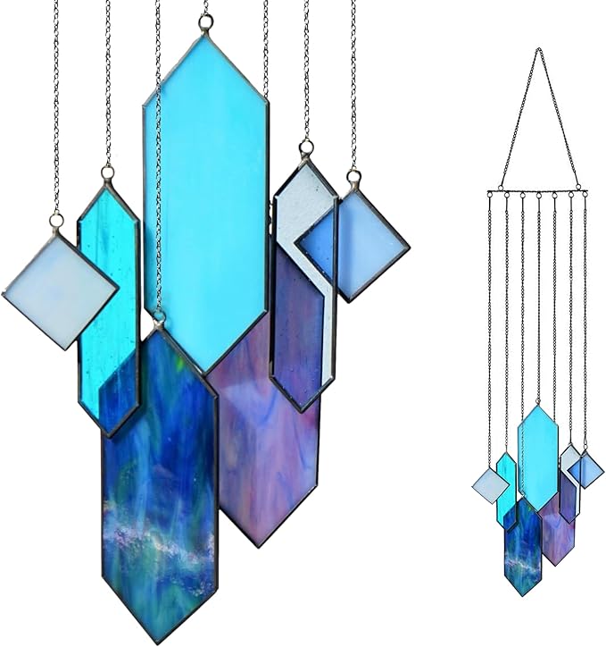 Stained Glass Window Hanging Sun Catcher - Blue Wall Art, Earth Tones Modern Design, Fully Assembled, Ready to Hang, Home or Garden Decor