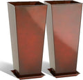 KOL 25''H. Galvanized Steel Planter with Saucer, Tall Glazed Planter Pots for Indoor & Outdoor Use, Set of 2, Decorative Flower Plant Pots with Drainage Hole for Porch, Patio, Deck - Reddish Brown