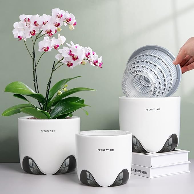 4 inch Orchid Pot with Holes for Repotting, Double Layer Plastic Imitate Ceramic Planter, Clear Orchid Pot Match Decorative Container