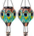 Starsoul 2 PC Peacock Hot Air Balloon Solar Lantern with Flame Glass Outdoor Hanging Hot Air Balloon Solar Light Waterproof Garden Patio Yard Party Decorations