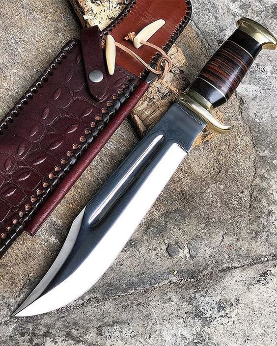 Custom Handmade D2 Steel Dundee Bowie Knife – 15” Buffalo Horn & Leather Grip with Sheath