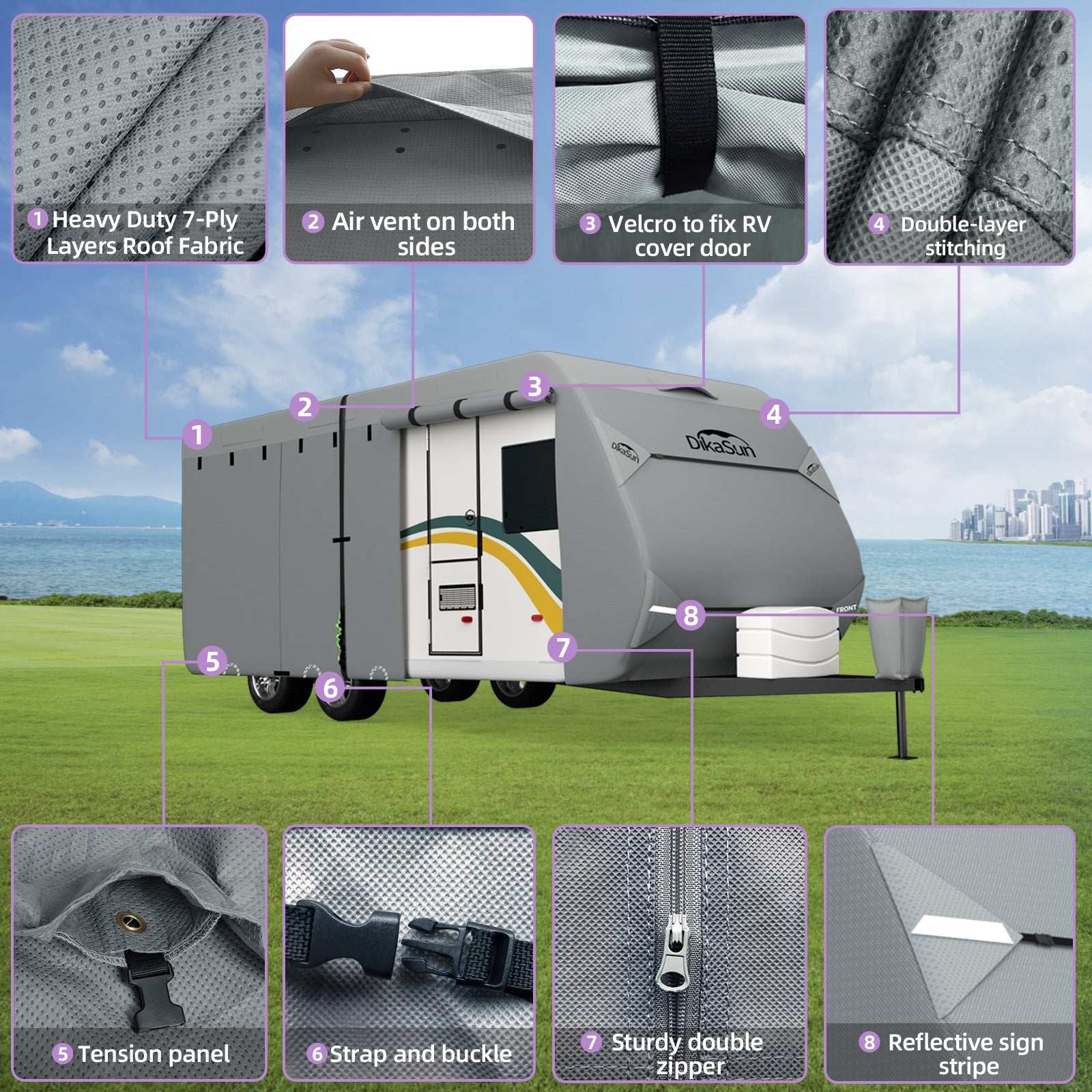 DikaSun 7 Layers Top Travel Trailer RV Cover Windproof Waterproof UV Protection