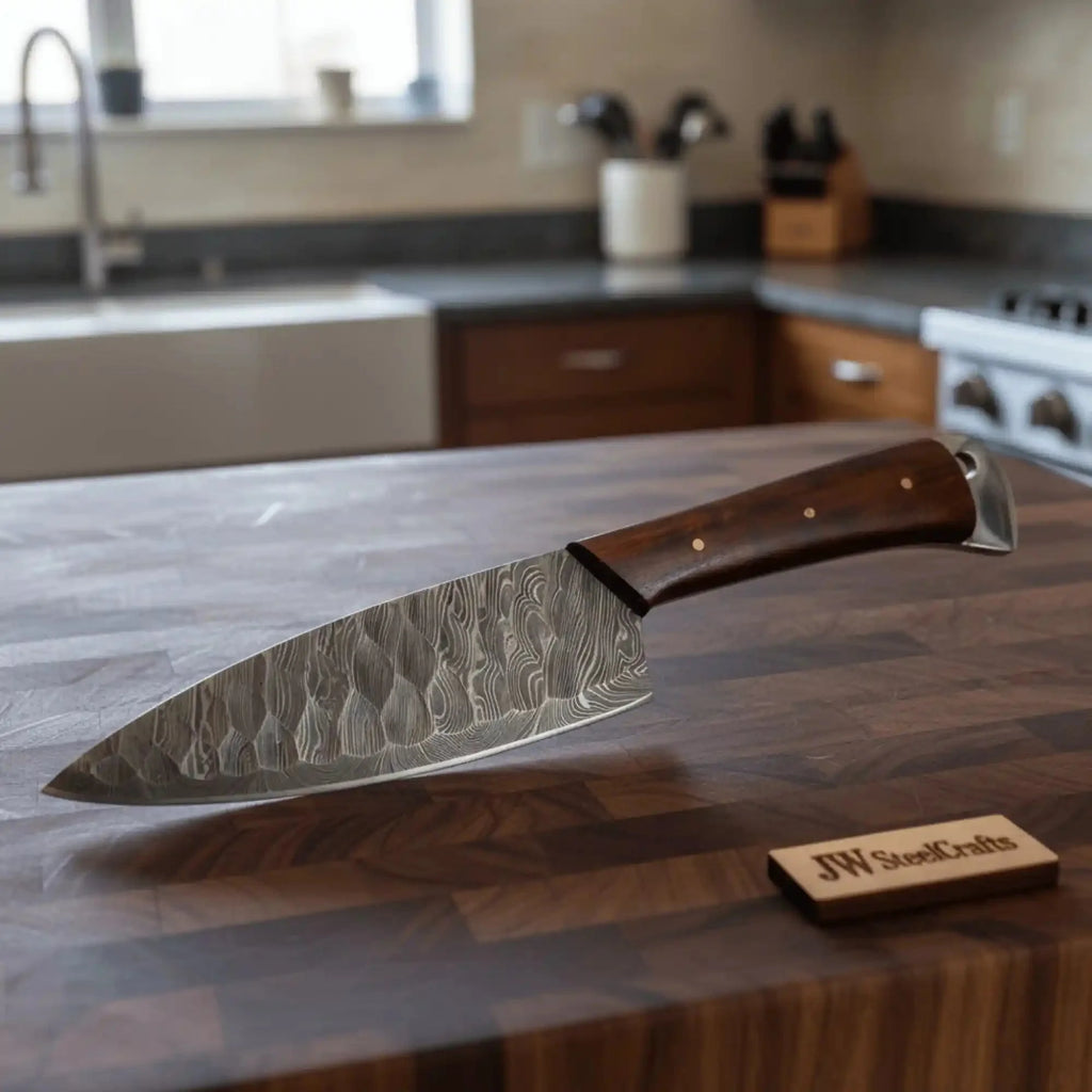7-Inch Chef Knife — Hammered Pattern Damascus Blade with Rosewood Handle (12-Inch Overall, Hand-Forged)