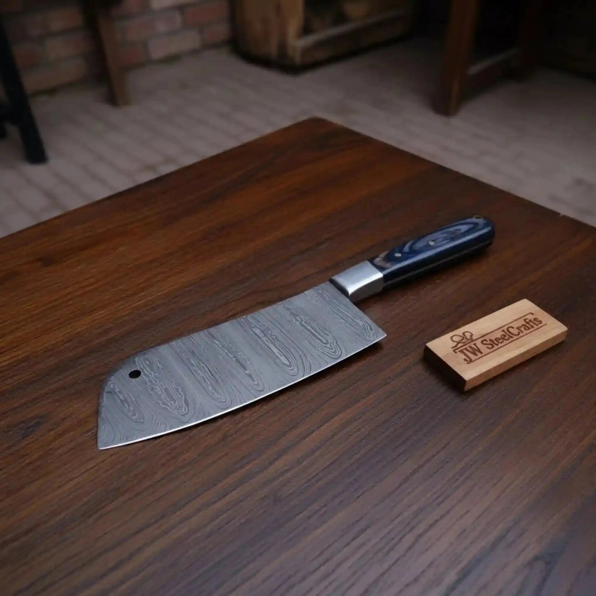 7-Inch Kitchen Cleaver — Pattern-Welded Damascus Blade with Black Micarta Handle (Full Tang, Hand-Forged)