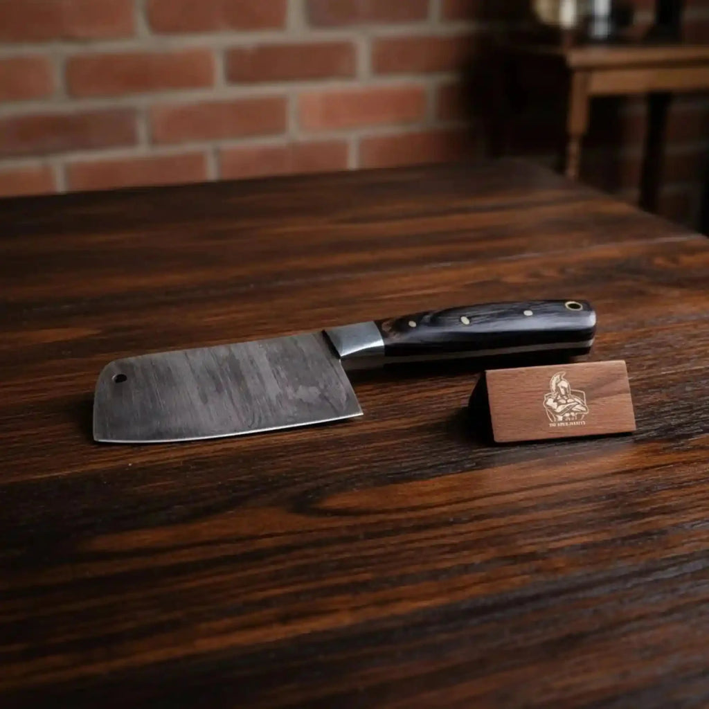 7-Inch Kitchen Cleaver — Pattern-Welded Damascus Blade with Black Micarta Handle (Full Tang, Hand-Forged)