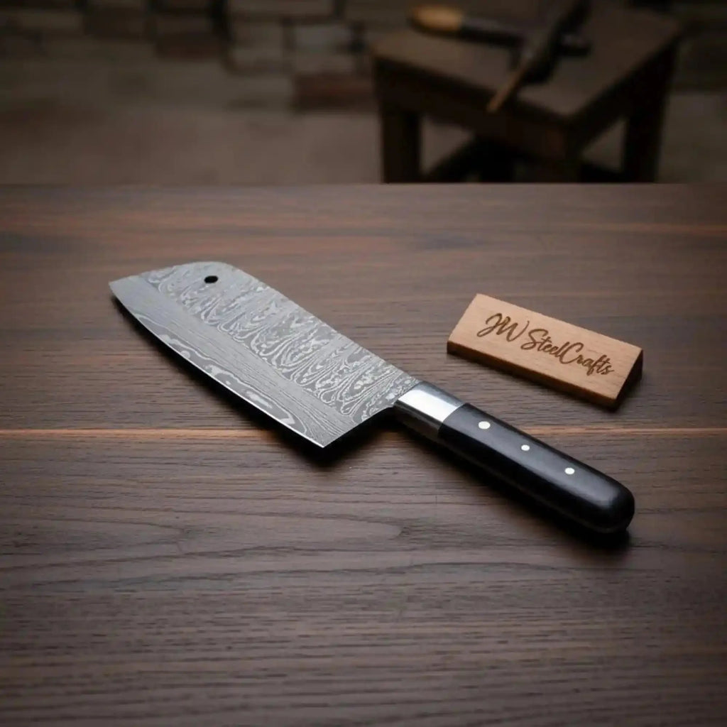 7-Inch Kitchen Cleaver — Pattern-Welded Damascus Blade with Black Micarta Handle (Full Tang, Hand-Forged)