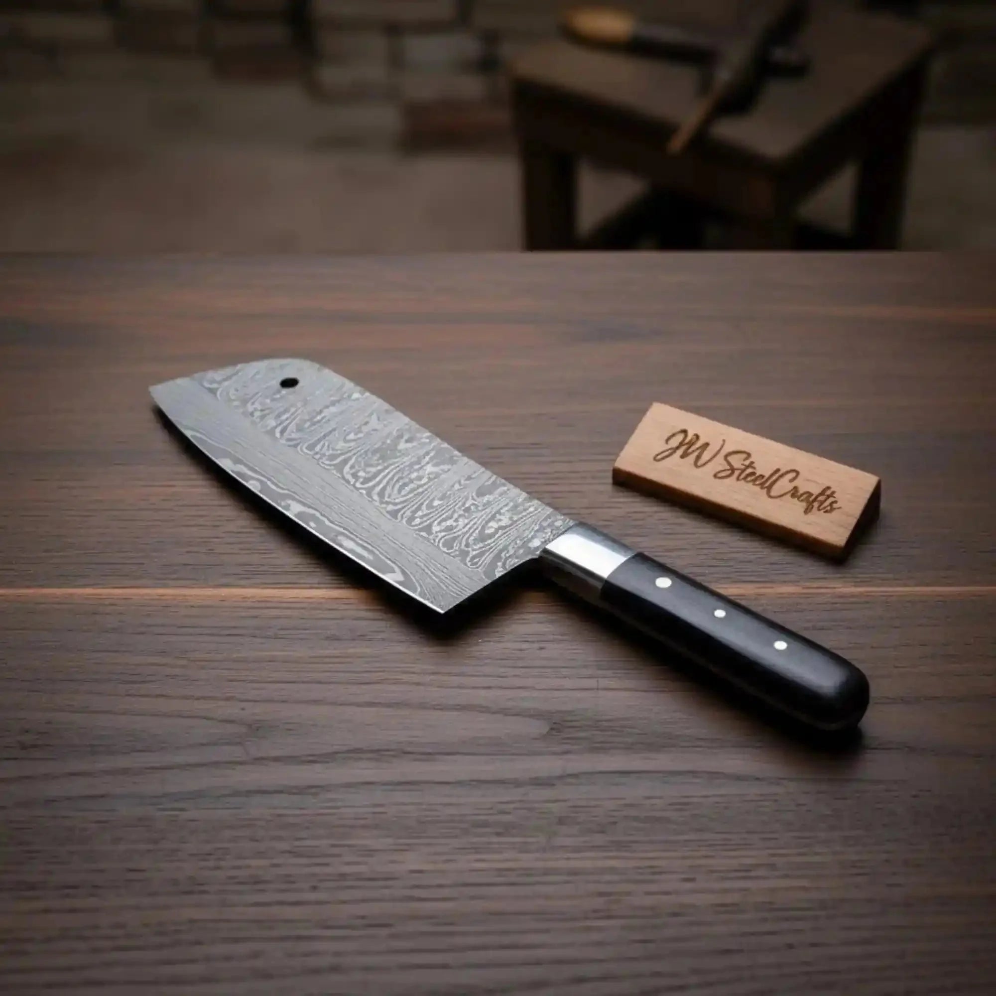 7-Inch Kitchen Cleaver — Pattern-Welded Damascus Blade with Black Micarta Handle (Full Tang, Hand-Forged)