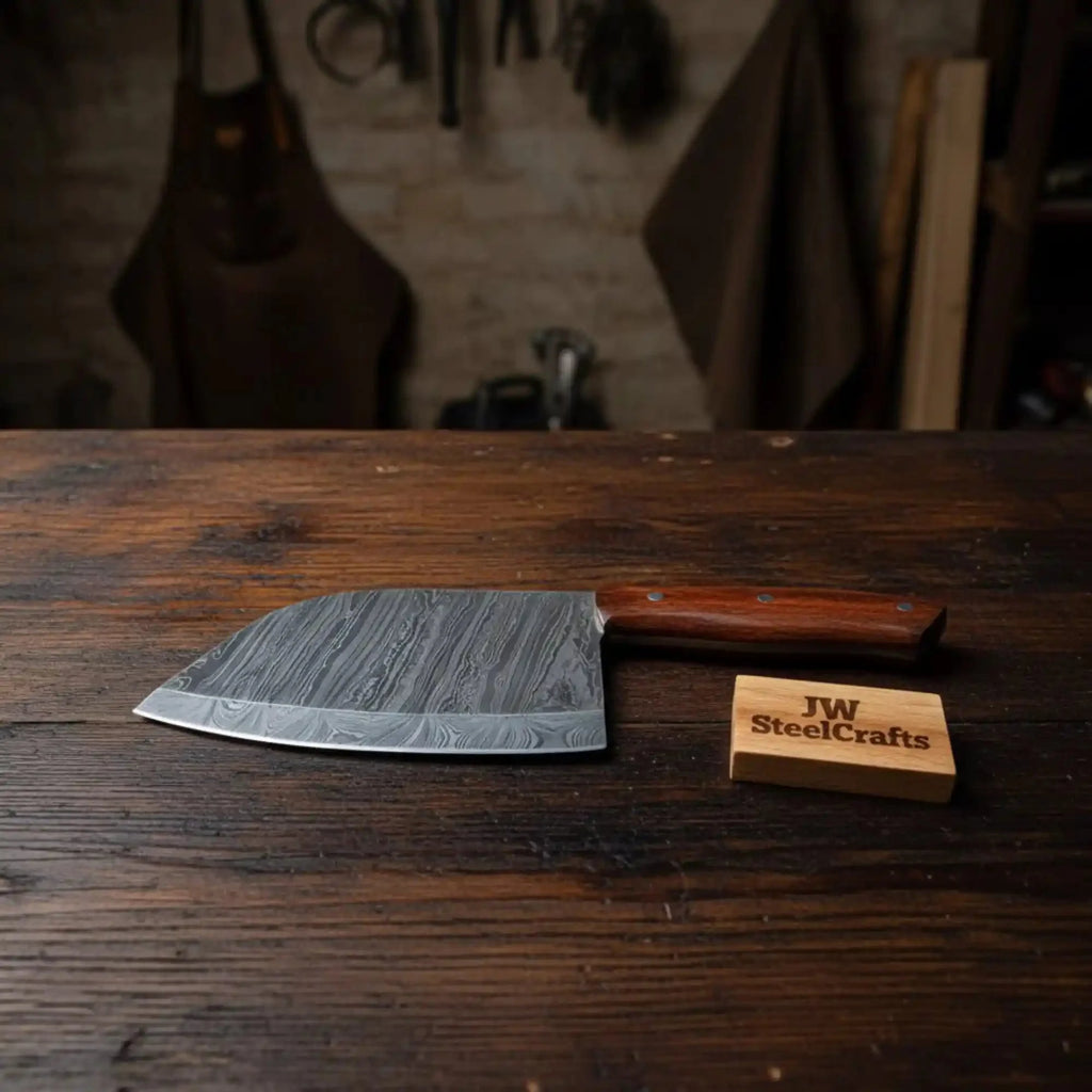 7-Inch Kitchen Cleaver — Pattern-Welded Damascus Blade with Rosewood Handle (12-Inch Overall, Hand-Forged)
