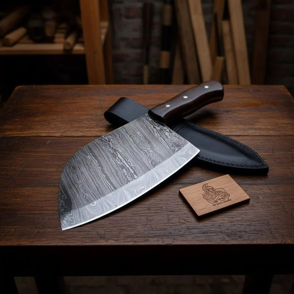 7-Inch Kitchen Cleaver — Pattern-Welded Damascus Blade with Rosewood Handle (12-Inch Overall, Hand-Forged)