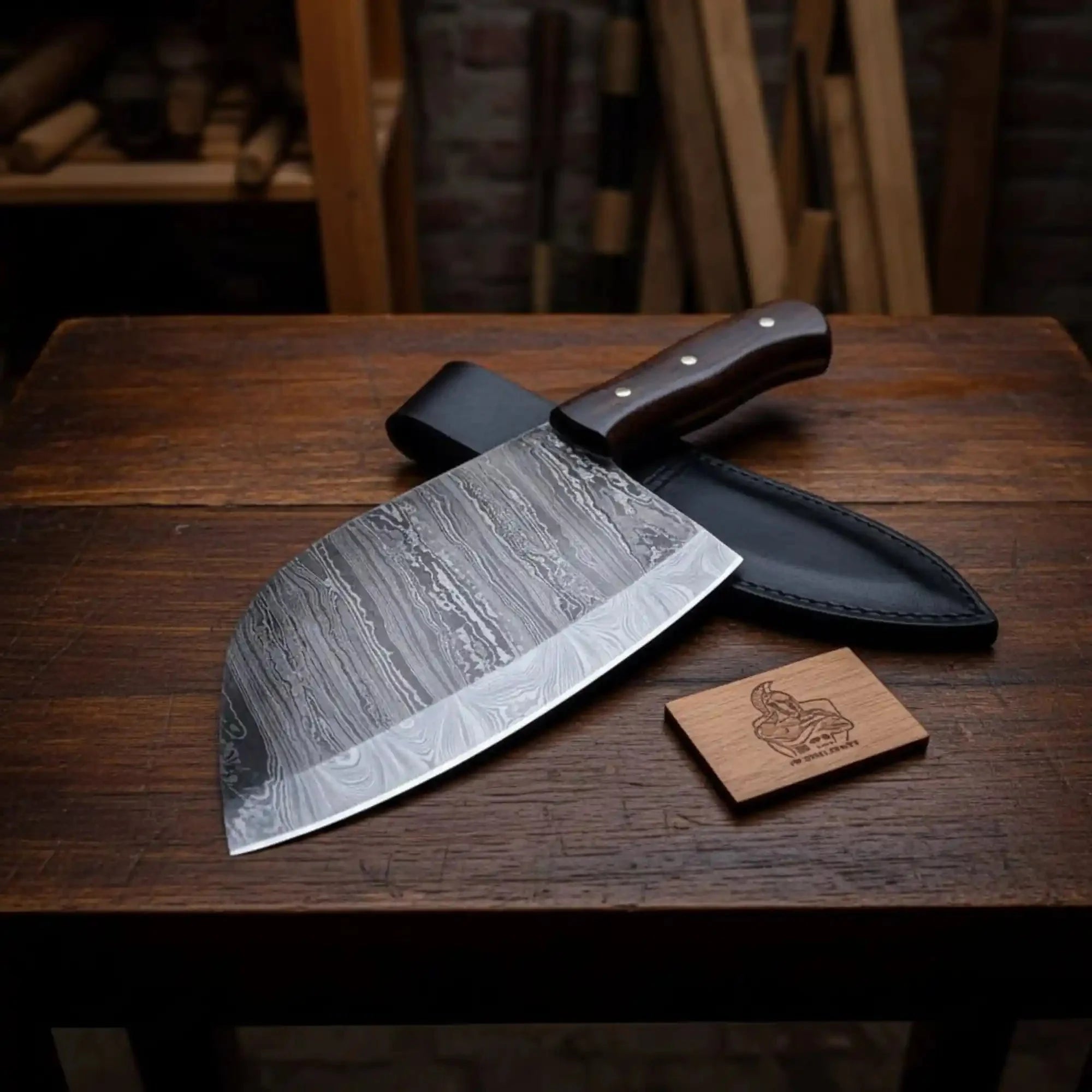 7-Inch Kitchen Cleaver — Pattern-Welded Damascus Blade with Rosewood Handle (12-Inch Overall, Hand-Forged)