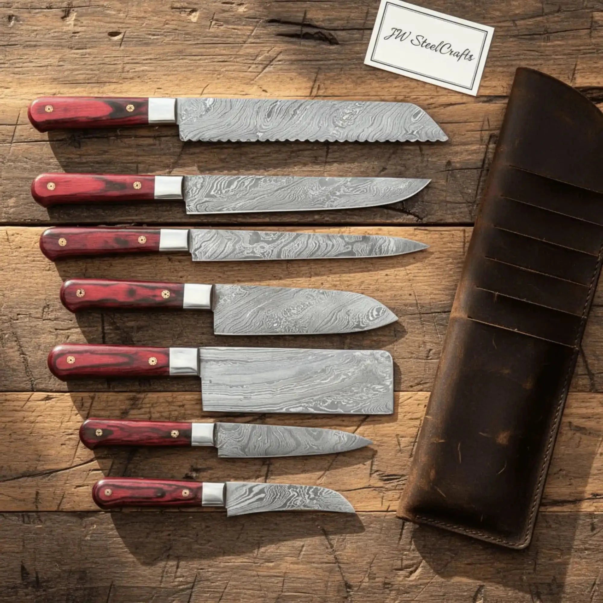 7-Piece Damascus Kitchen Knife Set — Chef, Cleaver, Bread, Utility & Paring Blades with Red Pakka Wood Handles