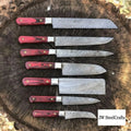 7-Piece Damascus Kitchen Knife Set — Chef, Cleaver, Bread, Utility & Paring Blades with Red Pakka Wood Handles