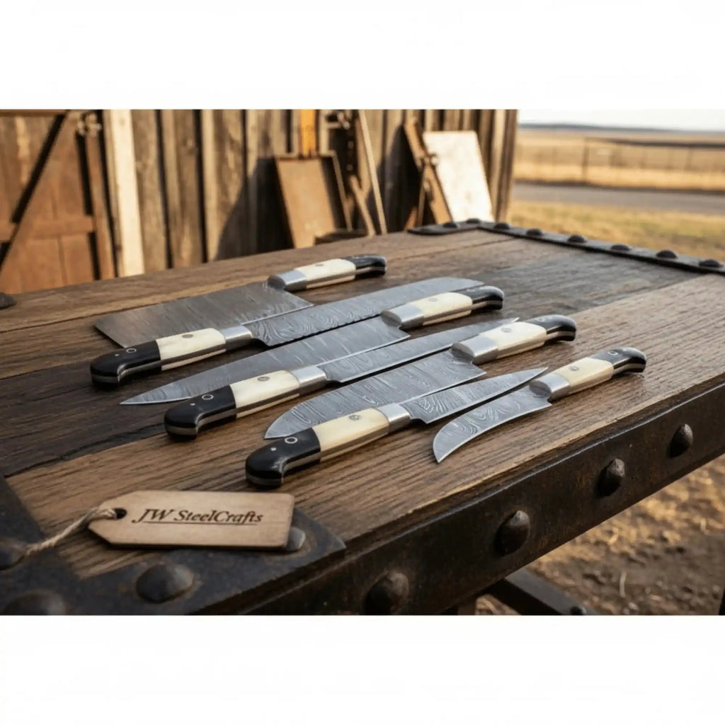 7 Piece Damascus Kitchen Knife Set, Hand Forged Chef Knives with White Bone and Black Resin Handles, Full Tang Professional Cooking Set