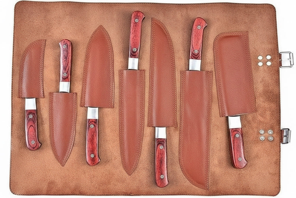 7-Piece Damascus Kitchen Knife Set, Paring, Utility, Chef, Carving, Santoku, Bread Knife and Cleaver with Leather Roll and Red Wood Handles, JW SteelCrafts