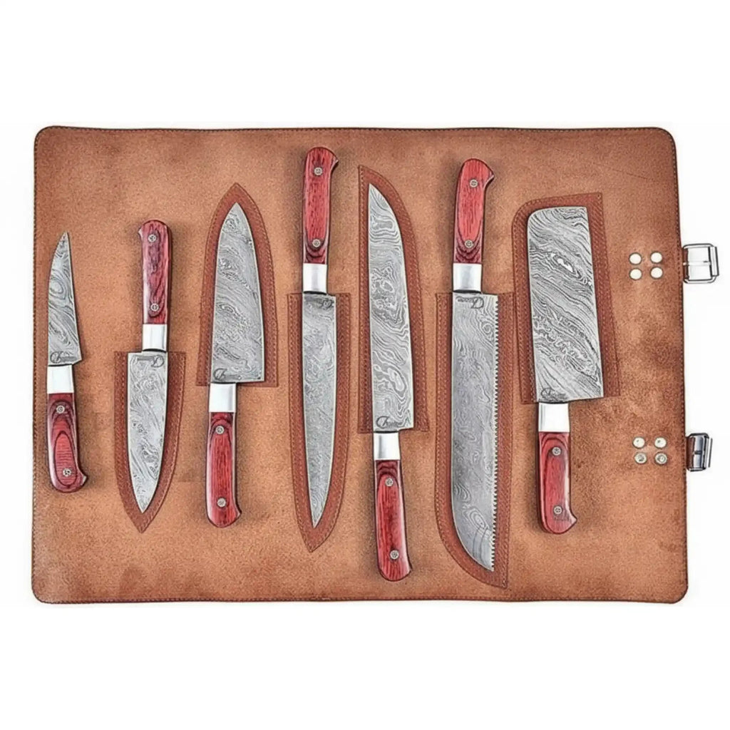 7-Piece Damascus Kitchen Knife Set, Paring, Utility, Chef, Carving, Santoku, Bread Knife and Cleaver with Leather Roll and Red Wood Handles, JW SteelCrafts