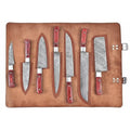 7-Piece Damascus Kitchen Knife Set, Paring, Utility, Chef, Carving, Santoku, Bread Knife and Cleaver with Leather Roll and Red Wood Handles, JW SteelCrafts