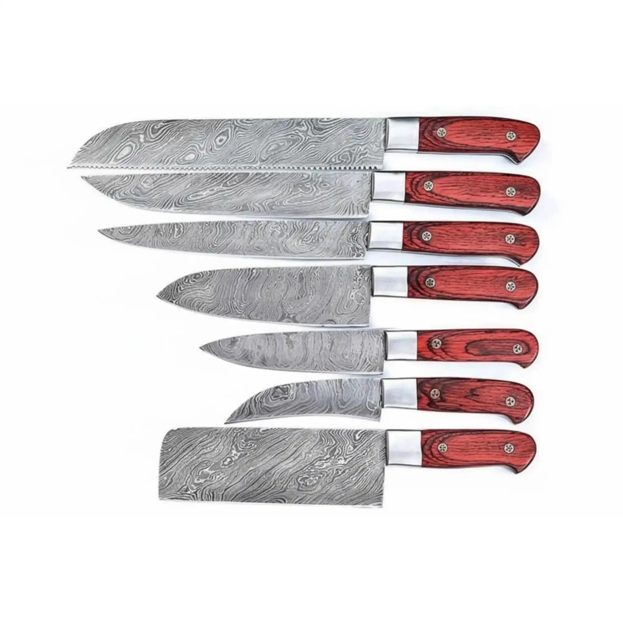 7-Piece Damascus Kitchen Knife Set, Paring, Utility, Chef, Carving, Santoku, Bread Knife and Cleaver with Leather Roll and Red Wood Handles, JW SteelCrafts